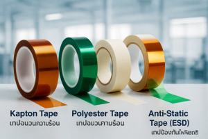 ม้วนเทปอุตสาหกรรมสามม้วน—เทป Kapton สีน้ำตาลทอง, เทปโพลีเอสเตอร์สีเขียว และเทปป้องกันไฟฟ้าสถิตย์สีใส—บนพื้นหลังสีขาว
