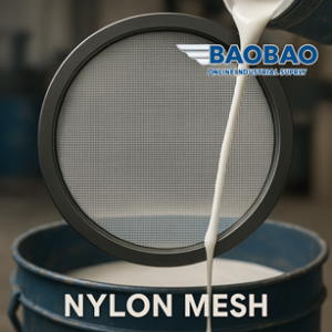 Industrial nylon mesh filter straining white paint into a BAOBAO bucket