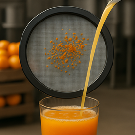 nylon mesh strainer filtering pulp from orange juice in industrial food processing