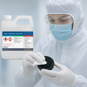 Cleanroom staff using D2Bn lens cleaning solution for laboratory equipment disinfection