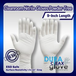 White cleanroom nitrile gloves, powder-free and 9 inches in length, ideal for sterile environments and contamination control.