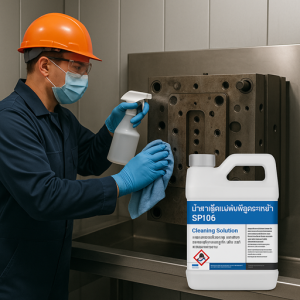 worker cleaning metal mold with SP106 cleaning solution in industrial mold cleaning room