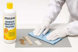 คนงานชุดคลีนรูมใช้ผ้าไมโครไฟเบอร์เช็ดคราบกาวบนชิ้นงาน พร้อมขวด ZOLKLEAN Adhesive Remover D Solution