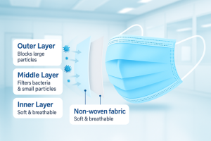 หน้ากากคลีนรูม 3 ชั้น ES ไร้ขน แสดงโครงสร้างแต่ละชั้น เหมาะกับห้องคลีนรูม Class 100-1000 ผลิตจาก PP non woven และ Melt Blown filter
