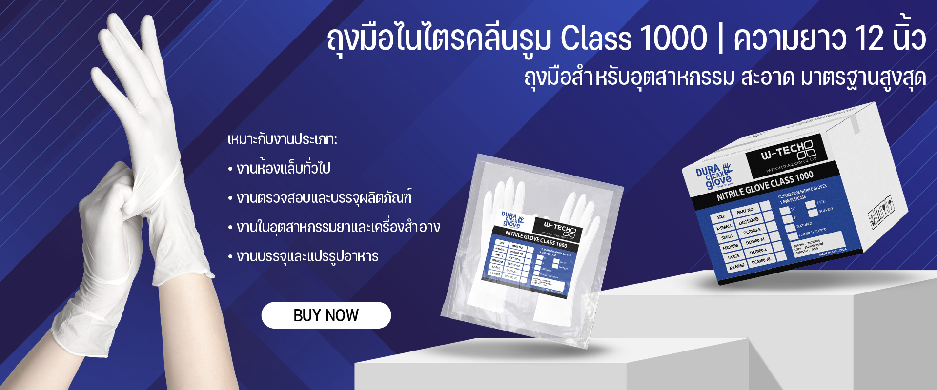 ถุงมือไนไตรคลีนรูม Class 1000 ความยาว 12 นิ้ว เหมาะสำหรับห้องปลอดเชื้อและงานอุตสาหกรรมที่ต้องการความสะอาดสูง