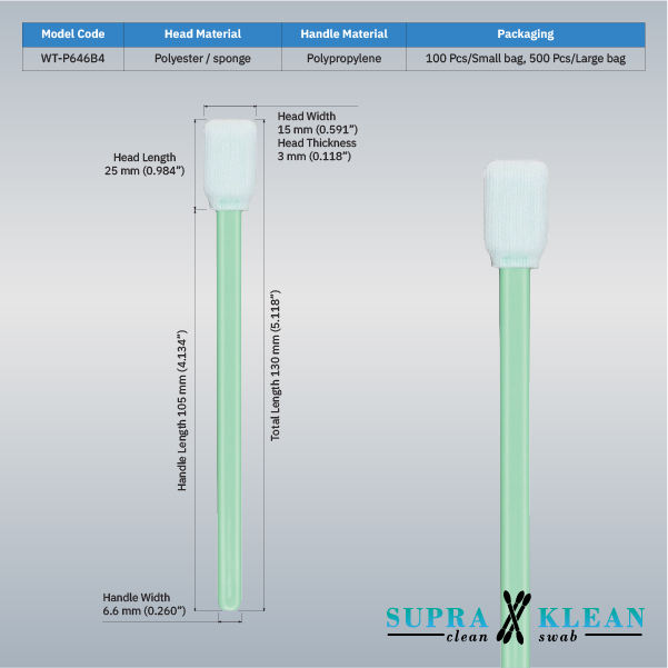 WT-P646B4 SupraKlean หัวโพลีเอสเตอร์เสริมฟองน้ำ ด้าม PP 6.6 mm ยาวรวม 130 mm บรรจุถุงคลีนรูม WT-P646B4 SupraKlean หัวโพลีเอสเตอร์เสริมฟองน้ำ ด้าม PP 6.6 mm ยาวรวม 130 mm บรรจุถุงคลีนรูม